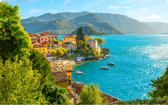 Picturesque town with vibrant buildings and water