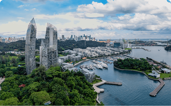Modern cityscape with waterfront and skyscrapers