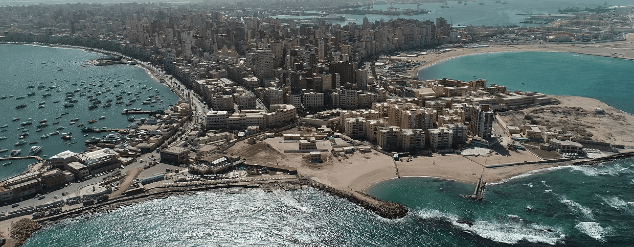 Coastal city aerial view with beaches