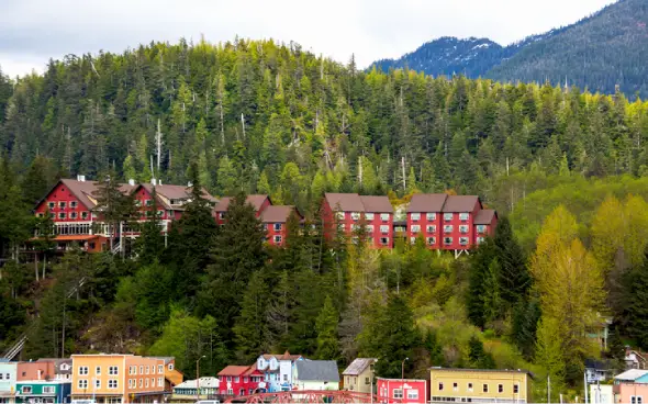 Colorful buildings nestled in a forested hillside.